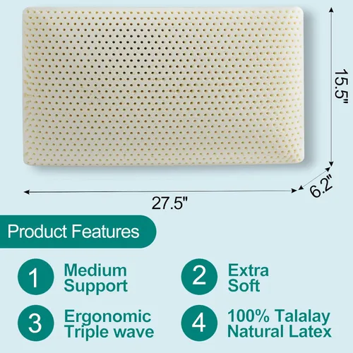 Vista 4 de JOTOM Almohada Talalay 100% natural de látex para dormir, almohada Queen de lujo para dormir de lado, espalda y estómago, funda de algodón