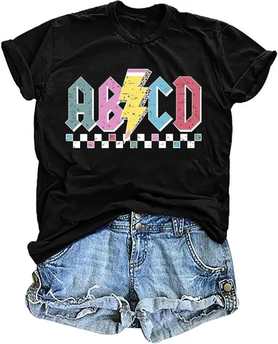 Vista 22 de Camisetas para profesores de ABCD para mujer, camiseta de manga corta para B-Negro