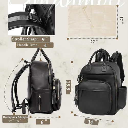 Vista 3 de Omanmoli Mochila para pañales, bolsa de bebé de cuero con 16 bolsillos, mochila grande para pañales de viaje, organizador esencial para bebé, 4 Negro