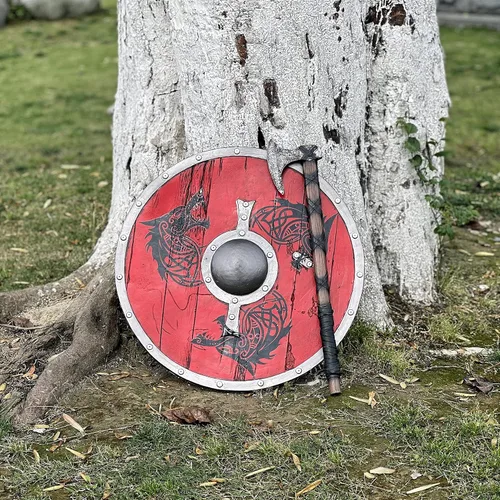 Vista 7 de LOOYAR Escudo de tótem de lobo de la era vikinga de los vikingos y decoraciones de hacha para disfraz de Halloween de caballero berserker vikingo