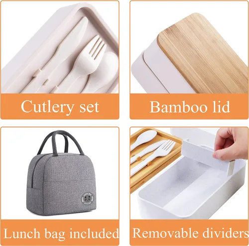 Vista 4 de Lonchera japonesa de bambú Bento con compartimentos y utensilios, apilable, incluye bolsa de almuerzo para preparación de comidas, color beige