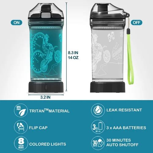 Vista 5 de YuanDian Botella de agua iluminada para niños con diseño 3D de motocross - 14 onzas Tritan libre de BPA ecológica - Vasos frescos para beber regalo
