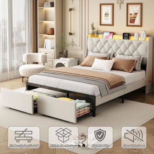 Vista 7 de Base de cama tamaño queen con cabecera de almacenamiento y 2 cajones, base de cama tapizada con botones capitoné, luces LED y estación de carga,
