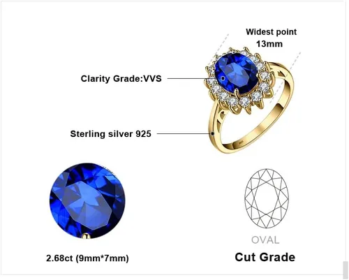Vista 2 de JewelryPalace Anillos de compromiso y aniversario estilo princesa Diana, Kate Middleton, piedra natal de zafiro y halo, 14 quilates, chapado en oro