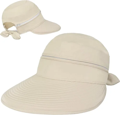 Vista 2 de SUN CUBE Sombrero de sol para mujer para protección UV al aire libre, sombrero de sol de ala ancha, cola de caballo, sombrero de playa convertible