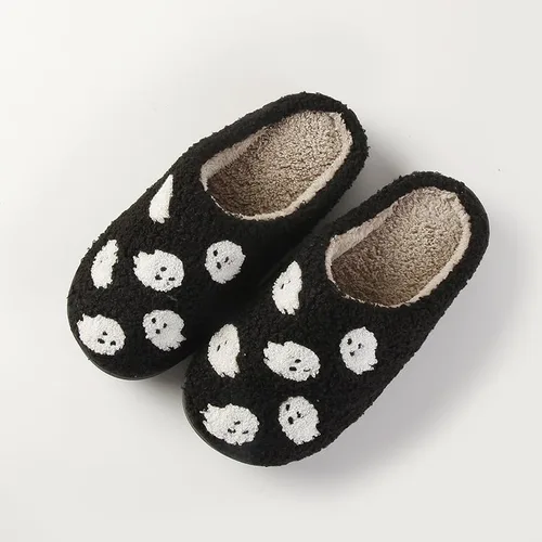 Vista 2 de Pantuflas de Halloween con diseño de calabaza para mujer, de felpa suave, bonitas, esponjosas, antideslizantes, para interiores y exteriores
