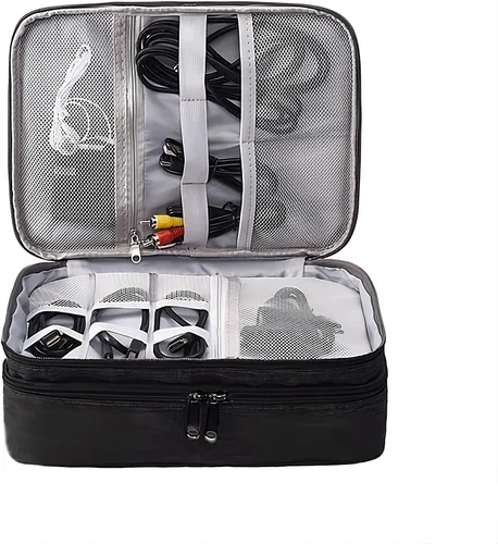 Vista 2 de Funda organizadora de cables – Bolsa de almacenamiento de viaje de doble capa para accesorios tecnológicos, electrónica, cargadores, cables, laptop