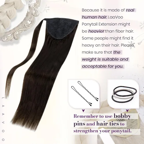 Vista 3 de LaaVoo Extensión de cola de caballo de cabello humano marrón para mujer, extensiones de cola de caballo marrón oscuro, extensiones de cabello humano