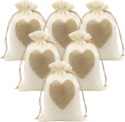 Vista 8 de SumDirect Bolsas de arpillera de corazón con cordón – 36 bolsas pequeñas de lino beige de 4 x 6 pulgadas para regalo de boda, baby shower