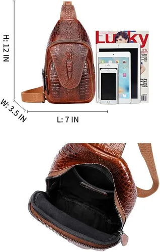 Vista 7 de PIJUSHI Mochila bandolera de cuero genuino para hombres y mujeres casual Crossbody hombro pecho Daypack