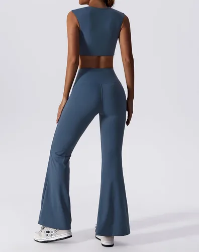 Vista 2 de ABOCIW Conjuntos de entrenamiento para mujer, 2 piezas, leggings acampanados de cintura alta, dobladillo con abertura, cuello en V, brasier