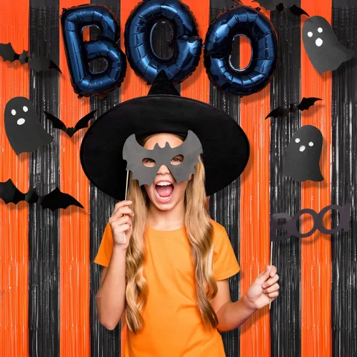 Vista 3 de BRAVESHINE - Cortinas de flecos de papel de aluminio para fiestas, decoración de Halloween Negro naranja