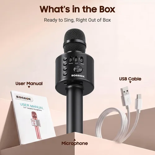 Vista 7 de BONAOK - Micrófono inalámbrico Bluetooth de karaoke, 3 en 1; máquina altavoz con micrófono de karaoke portátil de mano para fiesta de cumpleaños