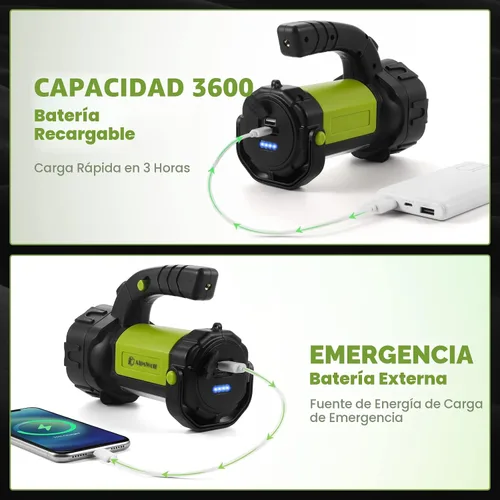 Vista 6 de Linterna de camping recargable, linterna LED con 800 lúmenes, 3600 mAh, correa incluida, luz de camping brillante portátil para emergencia