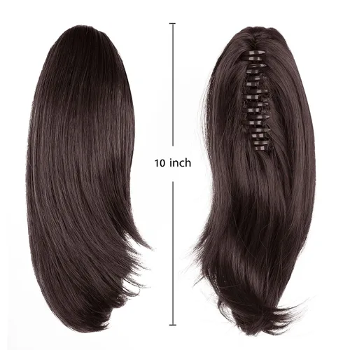 Vista 3 de Extensiones de cola de caballo, extensiones de cabello de cola de caballo con clip de garra marrón oscuro para mujer, pieza de cabello rizado