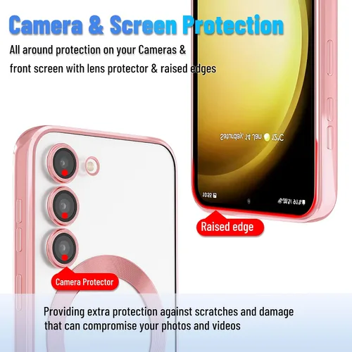 Vista 3 de Funda magnética para Samsung Galaxy S23, borde galvanizado, parte trasera transparente, funda protectora delgada con protección de cámara, Rosa