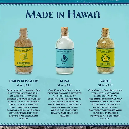 Vista 2 de Sea Salts of Hawaii Paquete de 3 variedades, sal hawaiana pura de Kona, sal de ajo asado, sal marina hawaiana con sabor a limón y romero