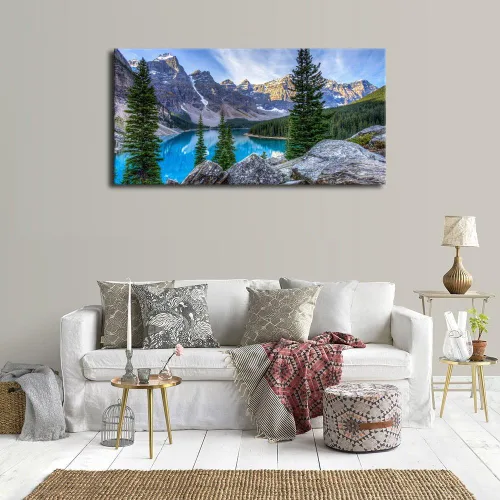 Vista 3 de Lienzo decorativo para pared, diseño de lago de montaña, ilustraciones de naturaleza grande, lago Moraine alimentado glacialmente, parque nacional