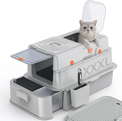 Vista 10 de Soulbond Caja de arena de acero inoxidable para gatos con tapa, caja de arena de metal grande cerrada con cajón y puerta abatible para gatos
