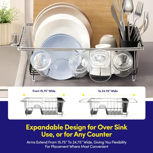 Vista 2 de Escurridor de platos extensible sobre el fregadero a 24.5 pulgadas, estación de secado extensible rectangular de cocina que ahorra espacio con Negro