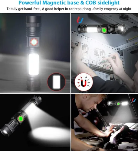 Vista 3 de Hoxida Linterna recargable LED (batería incluida), linterna LED magnética con luz lateral COB, 1200 lúmenes, LED súper brillante, impermeable