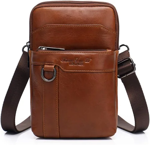 Vista 13 de Cuero Genuino Hombres Wasit Pack Con Correa De Cinturón De Hombro Bolsa De Teléfono Celular Style1-Negro