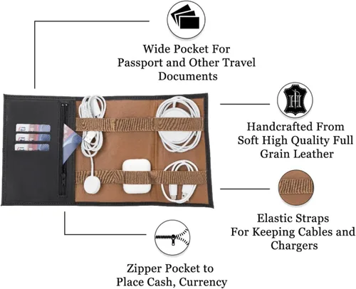 Vista 5 de HARDISTON Rollo organizador electrónico de cuero personalizado, bolsa de cordón personalizada para accesorios de tecnología de viaje, cables USB