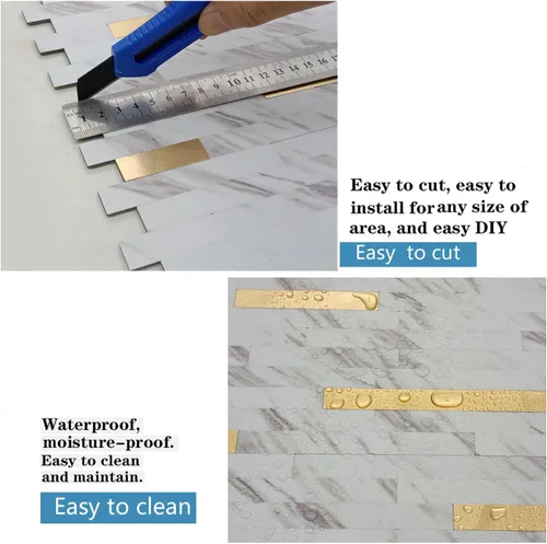 Vista 3 de Azulejo contra salpicaduras de 10 hojas, azulejos de metal mixto de PVC para cocina (mármol blanco + dorado 2, 10)