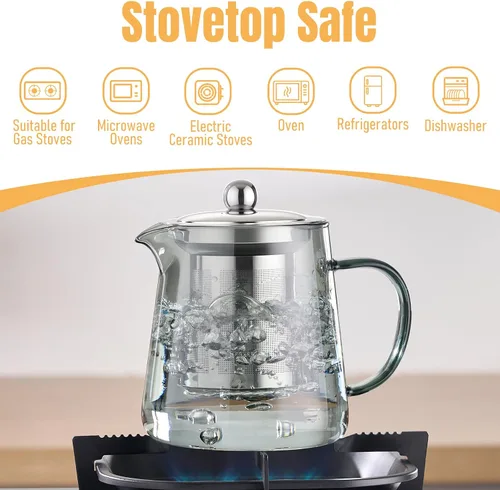 Vista 4 de PARACITY Estufa de vidrio de 32 onzas, tetera transparente de borosilicato con infusor extraíble de acero inoxidable 18/8, tetera de hojas sueltas