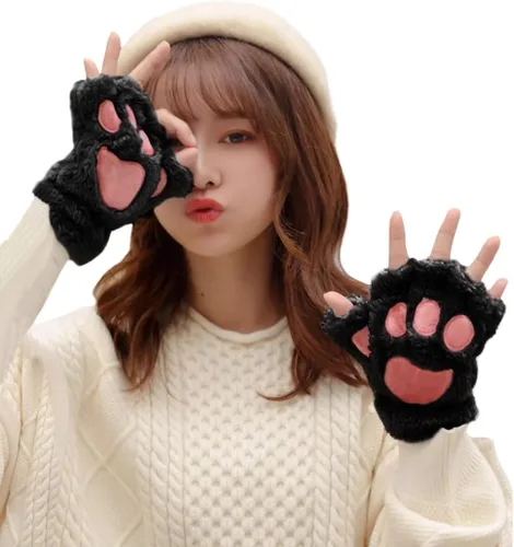 Vista 4 de PENINSULA LOVE Guantes de pata de gato, guantes de felpa cálidos para cosplay, guantes de animal de garra de oso, guantes de punto sin dedos