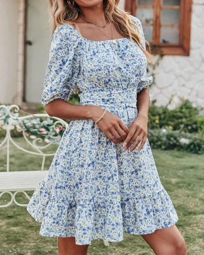 Vista 2 de BTFBM Vestido casual de verano de manga corta con cuello cuadrado para mujer, con lazo en la espalda, floral, cintura alta, con volantes