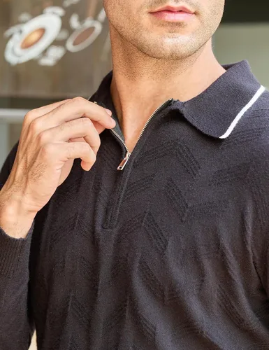 Vista 4 de uideazone Polo de punto para hombre, de manga larga, con cremallera, estilo vintage, ajustado