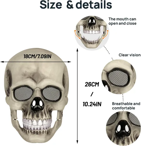 Vista 9 de HOMELEX Máscara de calavera con mandíbula móvil, máscara de costos de Halloween, malla transpirable, correa elástica para adultos, cosplay