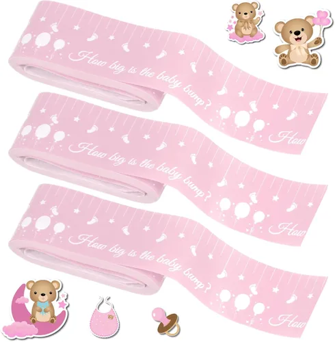 Vista 8 de Juegos de baby shower para género neutro How Big is Mommys Belly Tape de 150 pies de medida Cinta métrica de vientre embarazada oso Baby Shower Azul