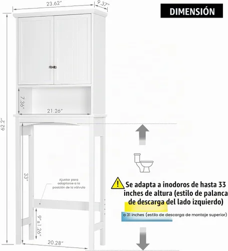 Vista 2 de UTEX Gabinete de almacenamiento sobre el inodoro, organizador de armario sobre el inodoro con estantes ajustables, color blanco