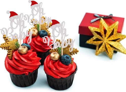 Vista 3 de Paquete de 24 Adornos Navideños Oh Baby para Cupcakes con Sombrero de Navidad con Purpurina, Palillos de Comida para Baby Shower para Niños y Niñas