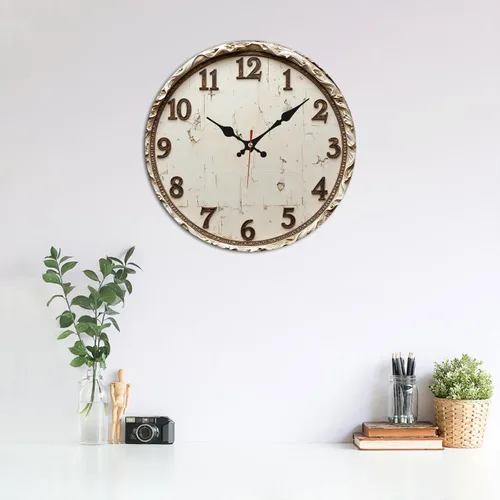 Vista 3 de Reloj de pared de madera envejecida blanco vintage con números tallados 9.8x9.8 in