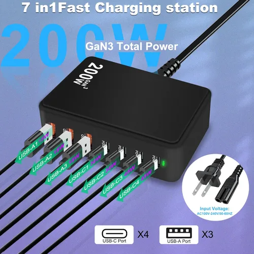 Vista 4 de Bloque de carga USB C de 200 W, 7 puertos GaN, estación de bloque de carga rápida, multipuerto PD QC3.0 Hub de ladrillo compatible con laptop