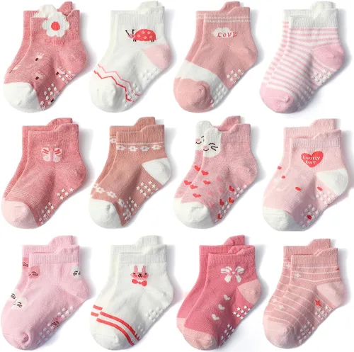 Vista 8 de Calcetines SkiBeaut para niños con agarre, 12 pares de calcetines antideslizantes para niños, calcetines de casa para bebés, niños y niñas de 0 a 7