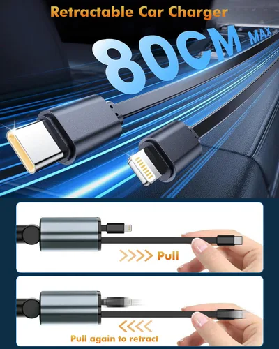 Vista 4 de Cargador de Coche Retráctil, Adaptador de Cargador de Coche iPhone 16 15 de 66W 4 en 1 con 2 Cables de Cargador iPhone Retráctiles
