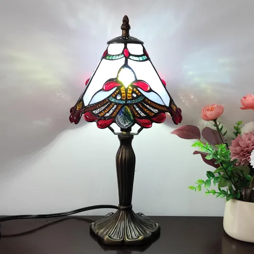 Vista 12 de Tiffany - Lámpara de mesa con perlas rojas, estilo barroco, vitral, luz de escritorio, pequeña lámpara de noche estilo Tiffany con bombilla LED