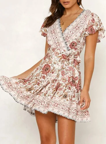 Vista 2 de ZESICA - Vestido corto con cuello en V cruzado para mujer, estampado floral bohemio, con vuelos, acampanado, vestido de verano 2024 para la playa