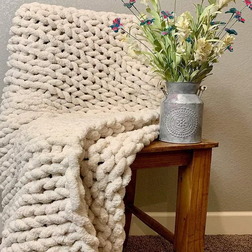 Vista 3 de Manta de punto grueso de felpilla beige, hecha a mano, voluminosa, suave, esponjosa, de gran tamaño, trenzada a mano, para sofá, regalo bohemio, 24