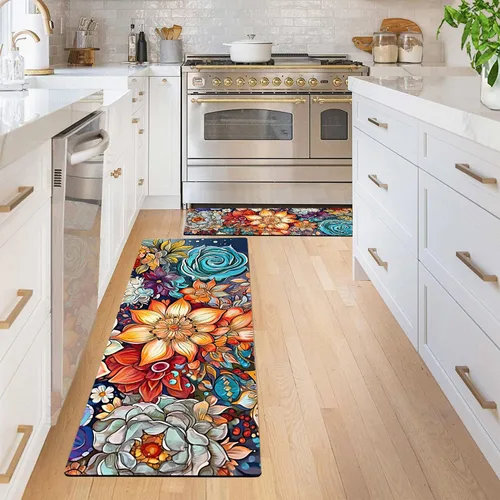 Vista 2 de Juego de 2 tapetes de cocina coloridos y bohemios con diseño floral, antideslizantes, gruesos, bohemios, con flores, acolchados, antifatiga, tapetes