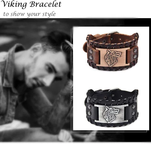 Vista 5 de GelConnie - Pulsera de piel con amuleto vikingo y talismán escandinavo celta pagano