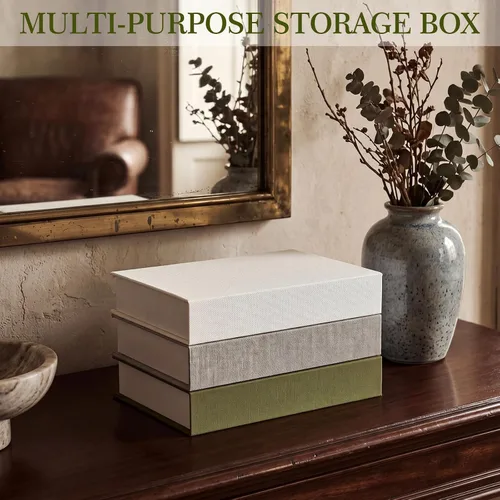 Vista 4 de Tioncy Caja de libros falsos de lino neutro, 3 piezas, decoración de imitación para decoración del hogar, estantes, mesa, tarjetas, fotos, regalo
