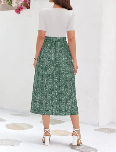Vista 4 de Vestido midi para mujer 2024 con cuello cuadrado, manga corta, casual, acanalado, profesor, iglesia, modesto, trajes de trabajo de negocios