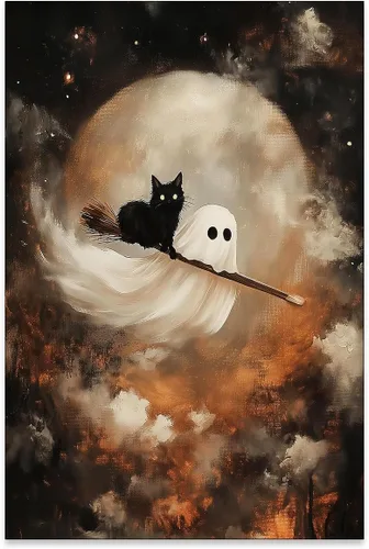 Vista 31 de Lienzo enmarcado negro para pared, póster de Halloween Dark Academia, pintura de gato negro, fantasma en la bañera, imágenes góticas de terror