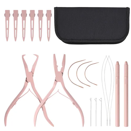 Vista 10 de Kit de herramientas de extensión de cabello, alicates de acero inoxidable de color tostado, micro cuentas, gancho removedor de bucle, clips