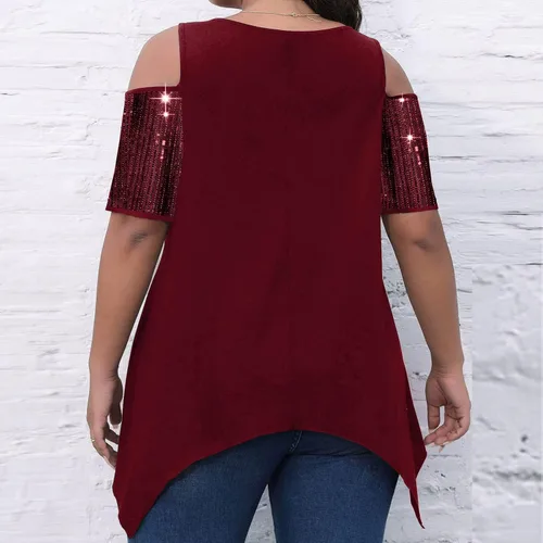 Vista 5 de Blusa de manga corta con hombros descubiertos y talla grande, con lentejuelas brillantes y empalme de moda, con dobladillo de pañuelo